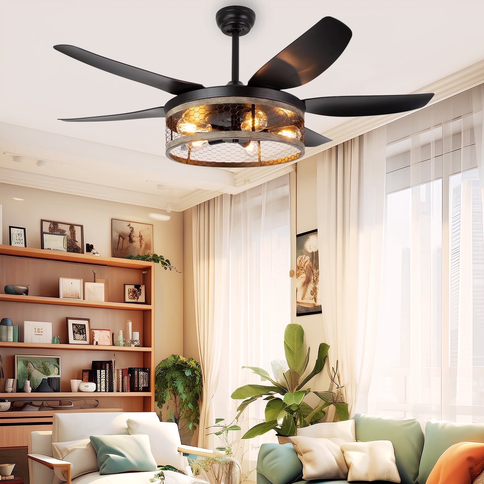 Ohniyou 52" Caged Farmhouse Ceiling Fan with Lights and Remote 6 Blades Fandalier Indoor Outdoor Ceiling Fans for Patio Living Room Kitchen, Black