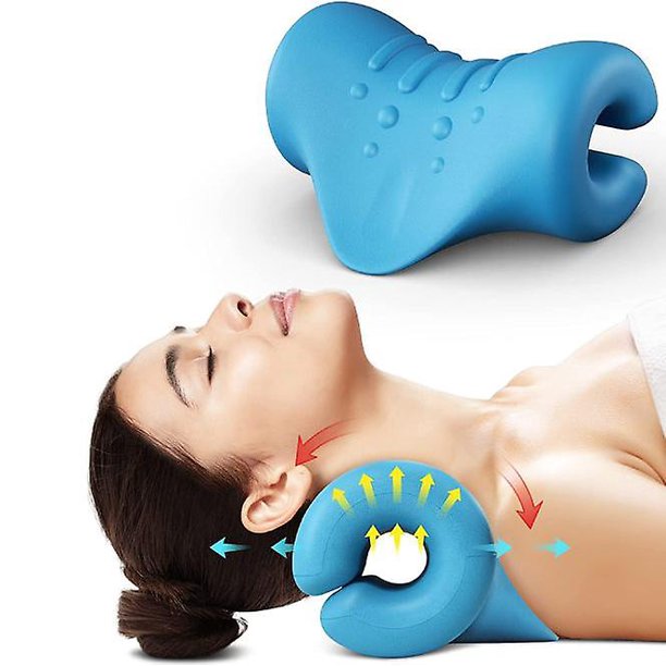 Relajador de cuello y hombros, dispositivo de tracción cervical portátil, camilla para el cuello, corrector de postura del cuello, almohada quiropráctica para aliviar el dolor de la ATM (azul)