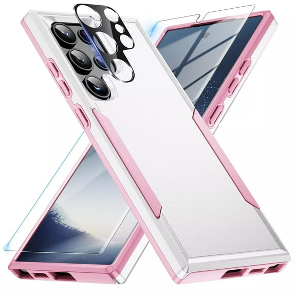 Dteck for Samsung Galaxy S25 Ultra Case, Full Body Heavy Duty Rugged Shockproof Protective Phone Cover with Tempered Glass Screen Protector and Camera Lens Cover,White Pink