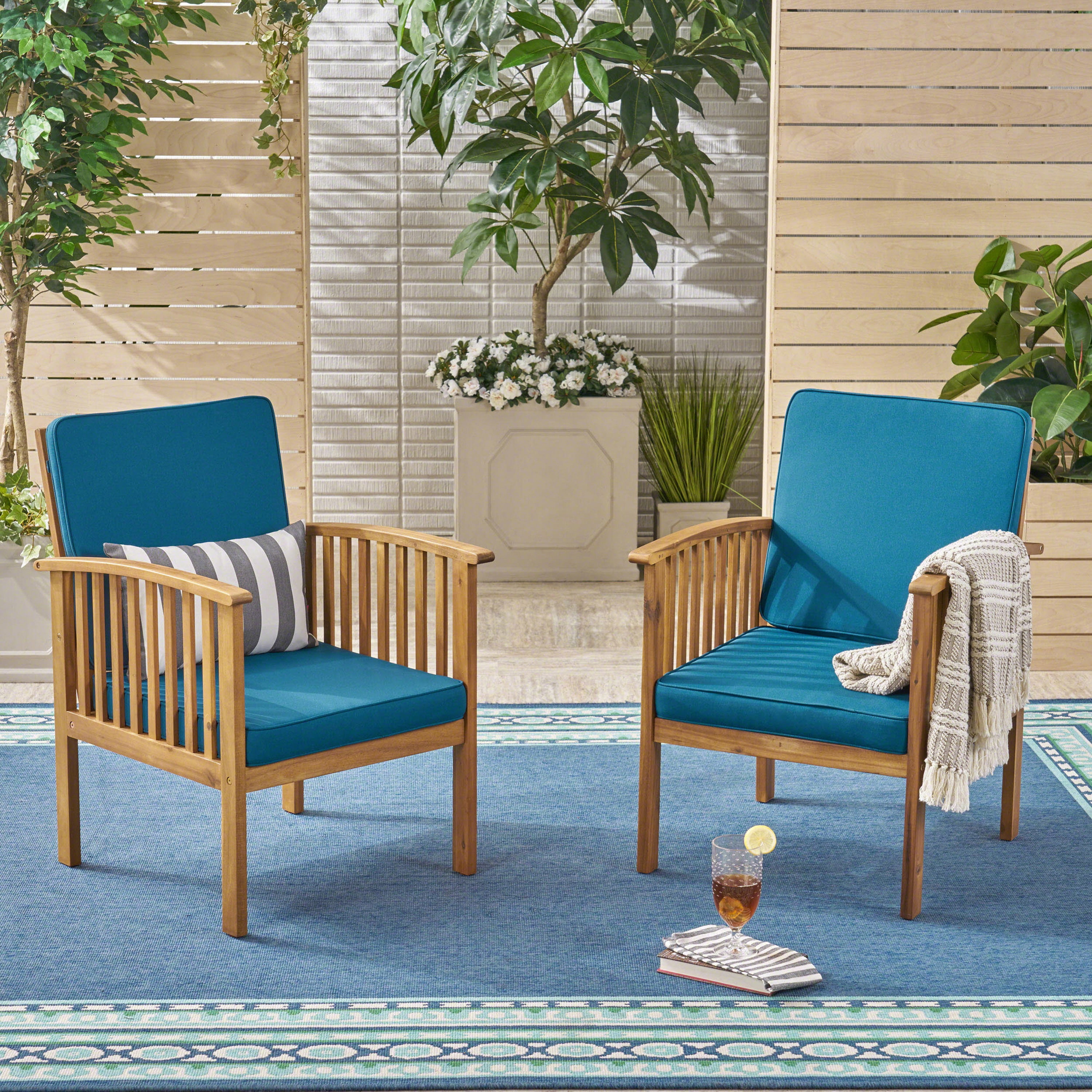 Outdoor Single Club Chair Set of 2, Acacia Wood Frame Relax Seats for Patio Garden, Teak and Dark Teal