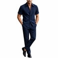 thumbnail image 1 of Men's Business Casual 2 Piece Suit Set, Short Sleeve Lapel Collar Button Down Shirt & High Waist Straight Leg Dress Pants, Loose Fit formal Daily office Outfit Navy, 1 of 4