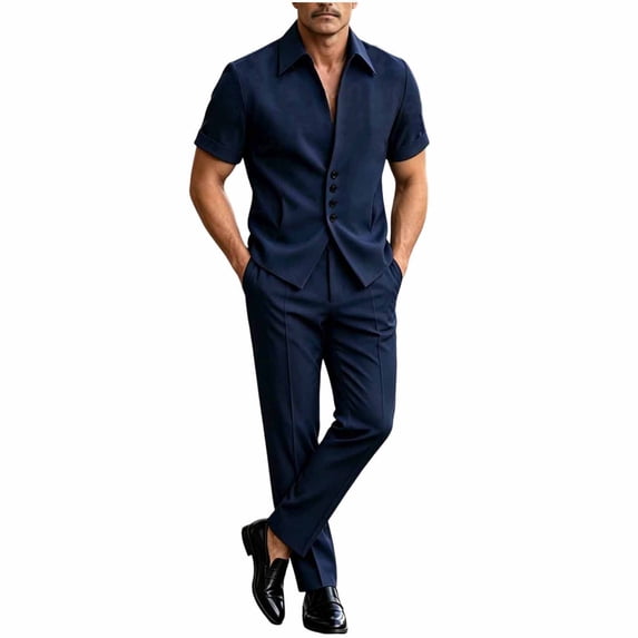 Men's Business Casual 2 Piece Suit Set, Short Sleeve Lapel Collar Button Down Shirt & High Waist Straight Leg Dress Pants, Loose Fit formal Daily office Outfit Navy