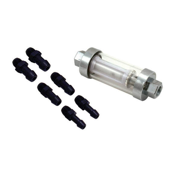Spectre Industries Fuel Filter 2369 In-Line; 1-1/8 Inch Diameter x 3-1/4 Inch Length; Mesh Replaceable Element; Chrome With Clear Body; Steel; With 1/4 Inch/5/16 Inch/3/8 Inch Barb Fittings