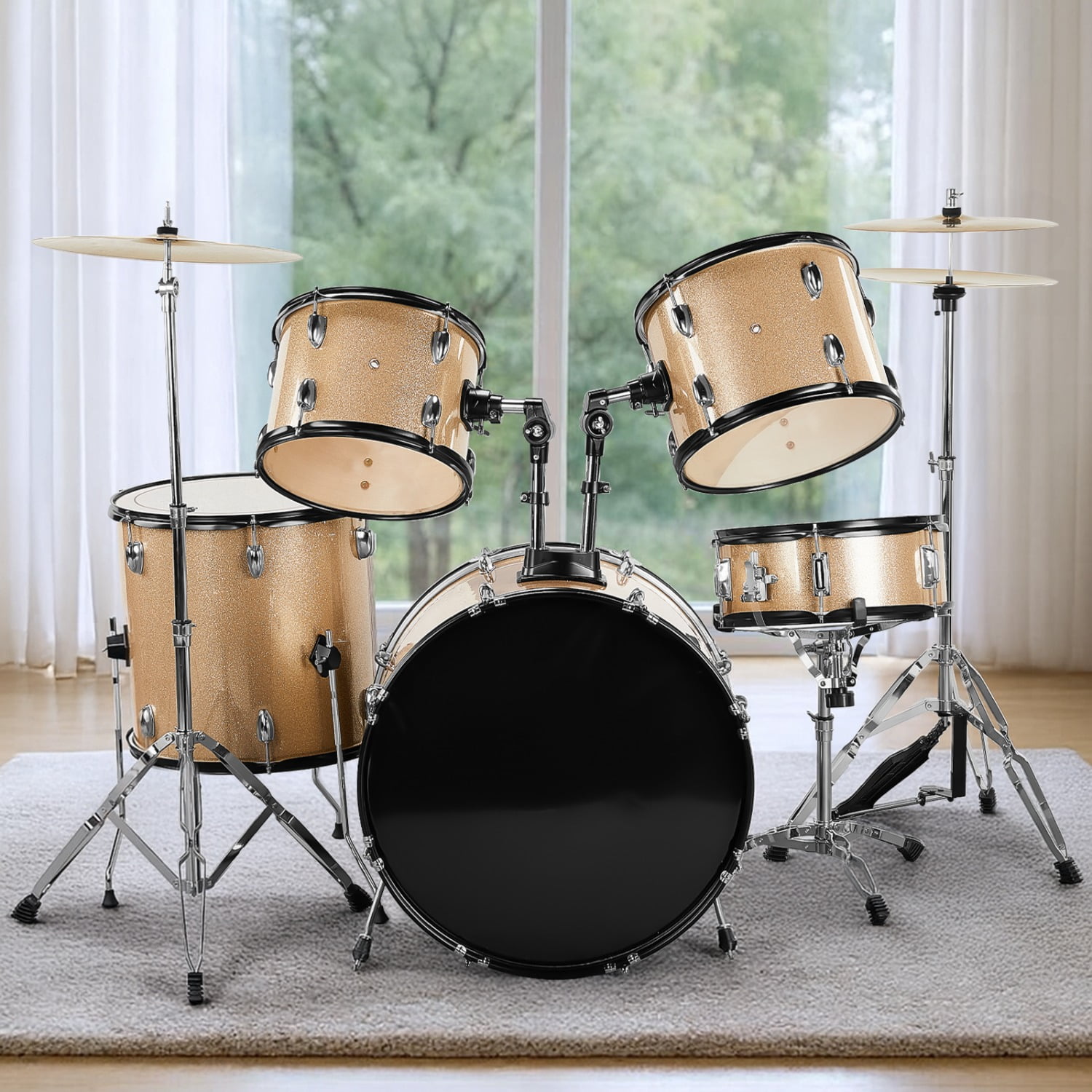 Full Size Adult Drum Set 5-Piece Champagne with Bass Drum, two Tom Drum, Snare Drum, Floor Tom, 16" Ride Cymbal, 14" Hi-hat Cymbals, Stool, Drum Pedal, Sticks