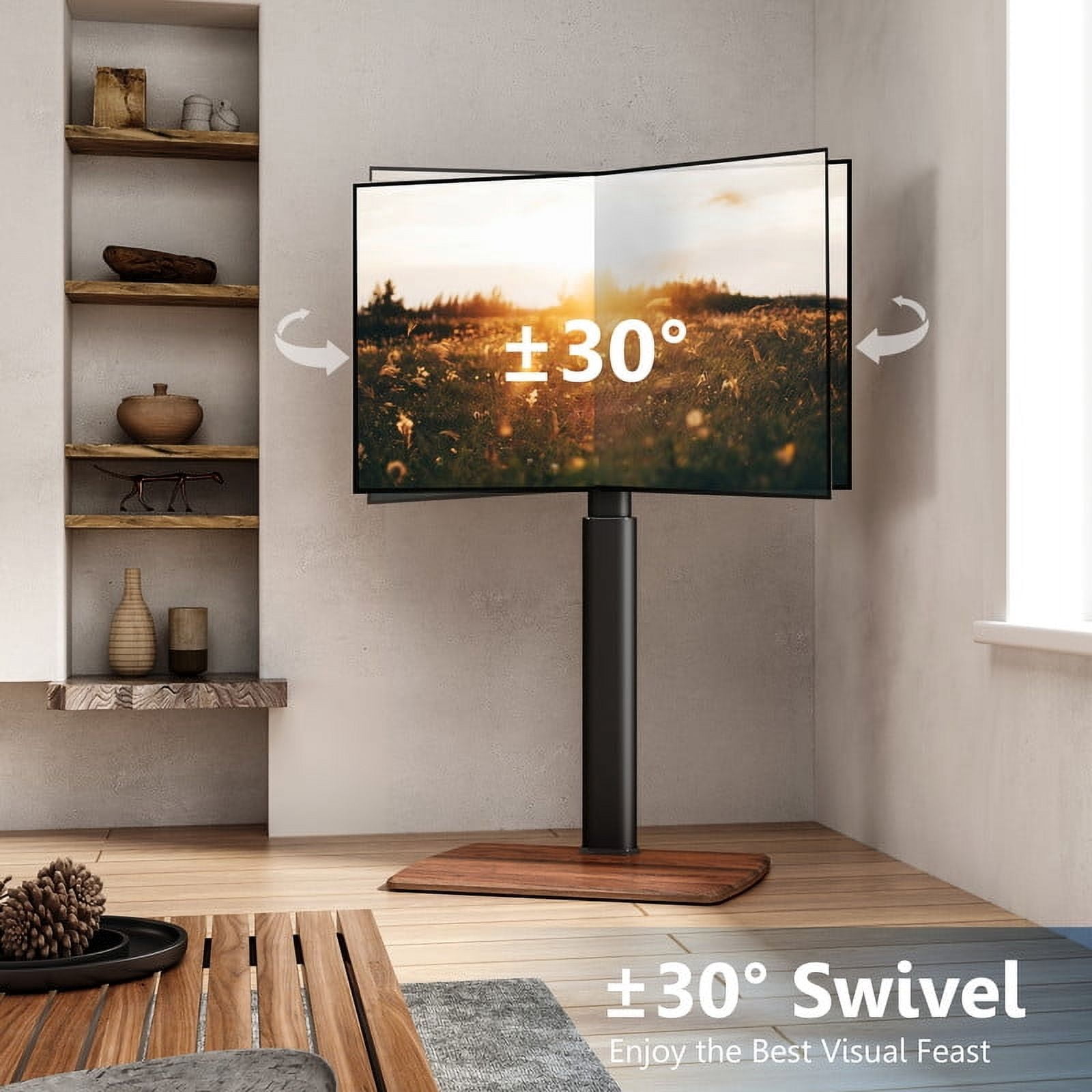 FITUEYES Floor TV Stand for 32-70 Inch Flat or Curved TVs up to 88 lbs, Height Adjustable, Swivel TV Mount Stand with Sturdy Wood Base, Walnut