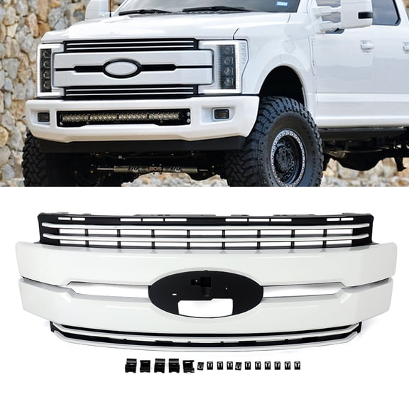 Front Bumper Grille Upper Grill Compatible with Ford F-250/F-350/F-450 Super Duty 2017 2018 2019 Models, Oxford White, No Emblem