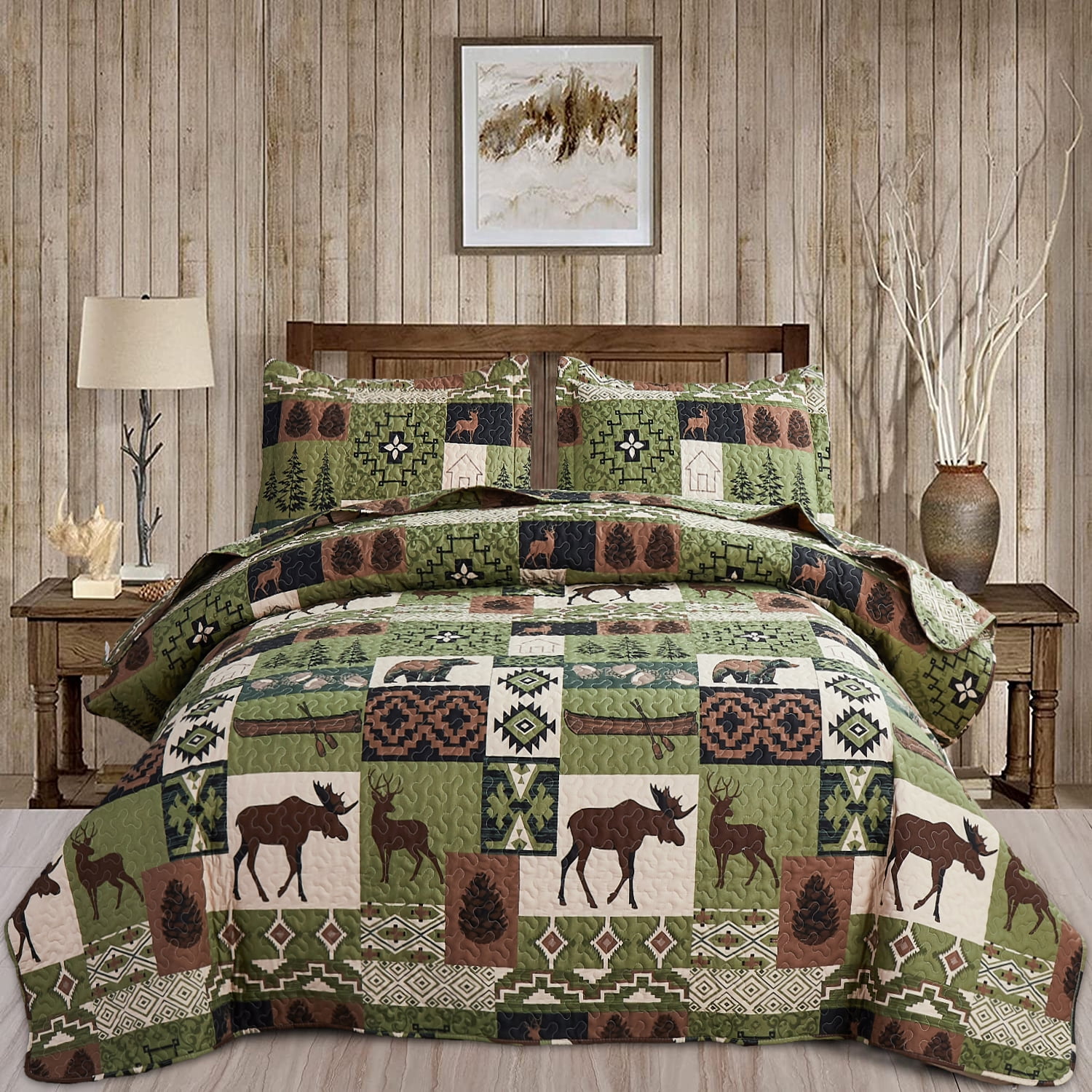 Green Essen Rustic Quilt Sets King Size Reversible Lodge Bedding Set ...