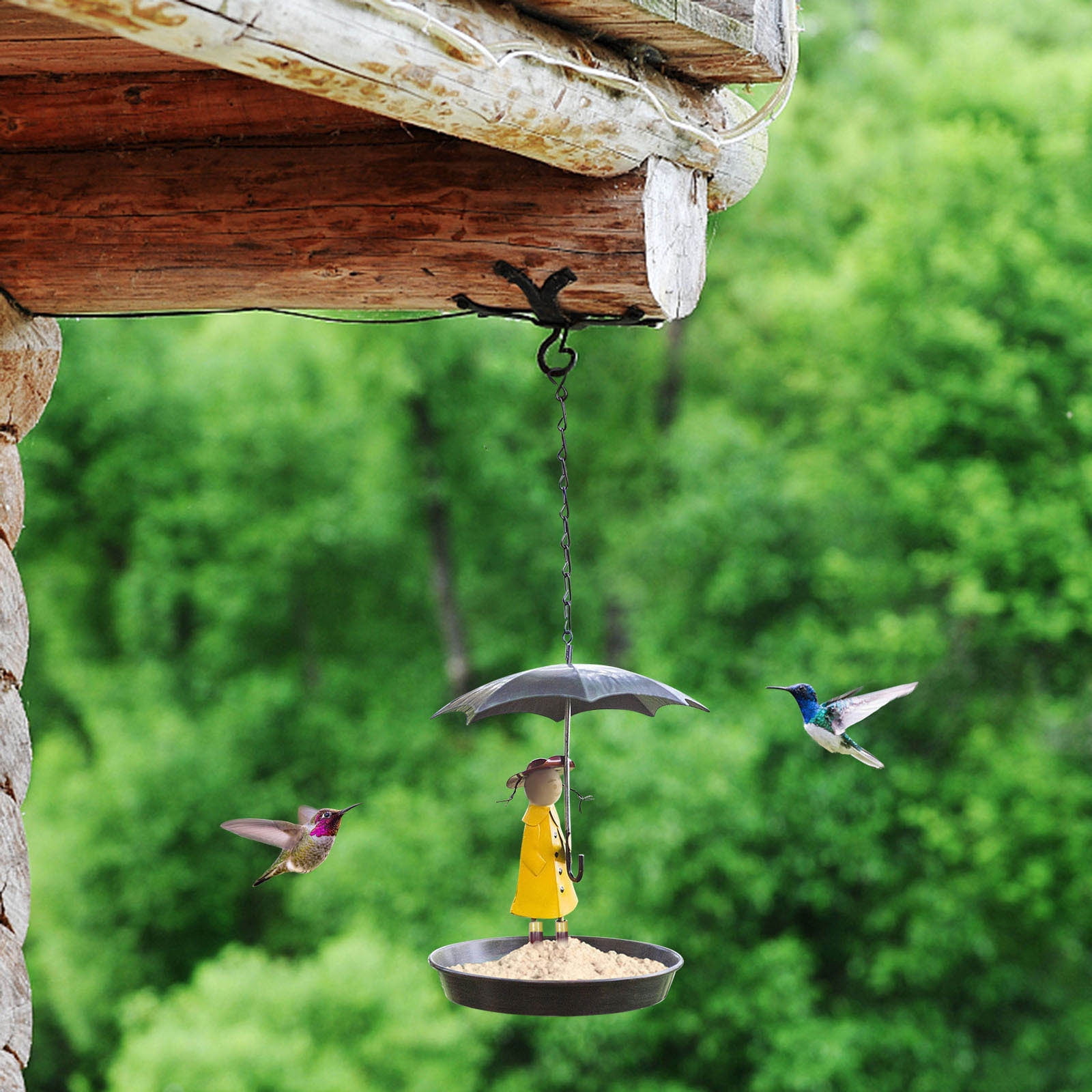 Djiypn Bird Feeders for Outdoors Hanging, Novelty Metal Girl with Umbrella Hummingbird Feeder, Wild Bird Feeders Outside Bird Bath with Brush, Gifts for Mom, Birdlovers (Black)