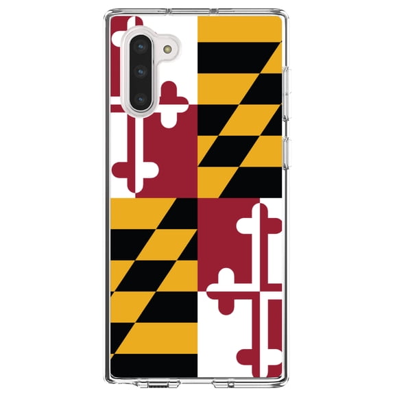 DistinctInk Clear Shockproof Hybrid Case for Samsung Galaxy Note 10 (6.3" Screen) - TPU Bumper, Acrylic Back, Tempered Glass Screen Protector - Maryland State Flag - Maryland