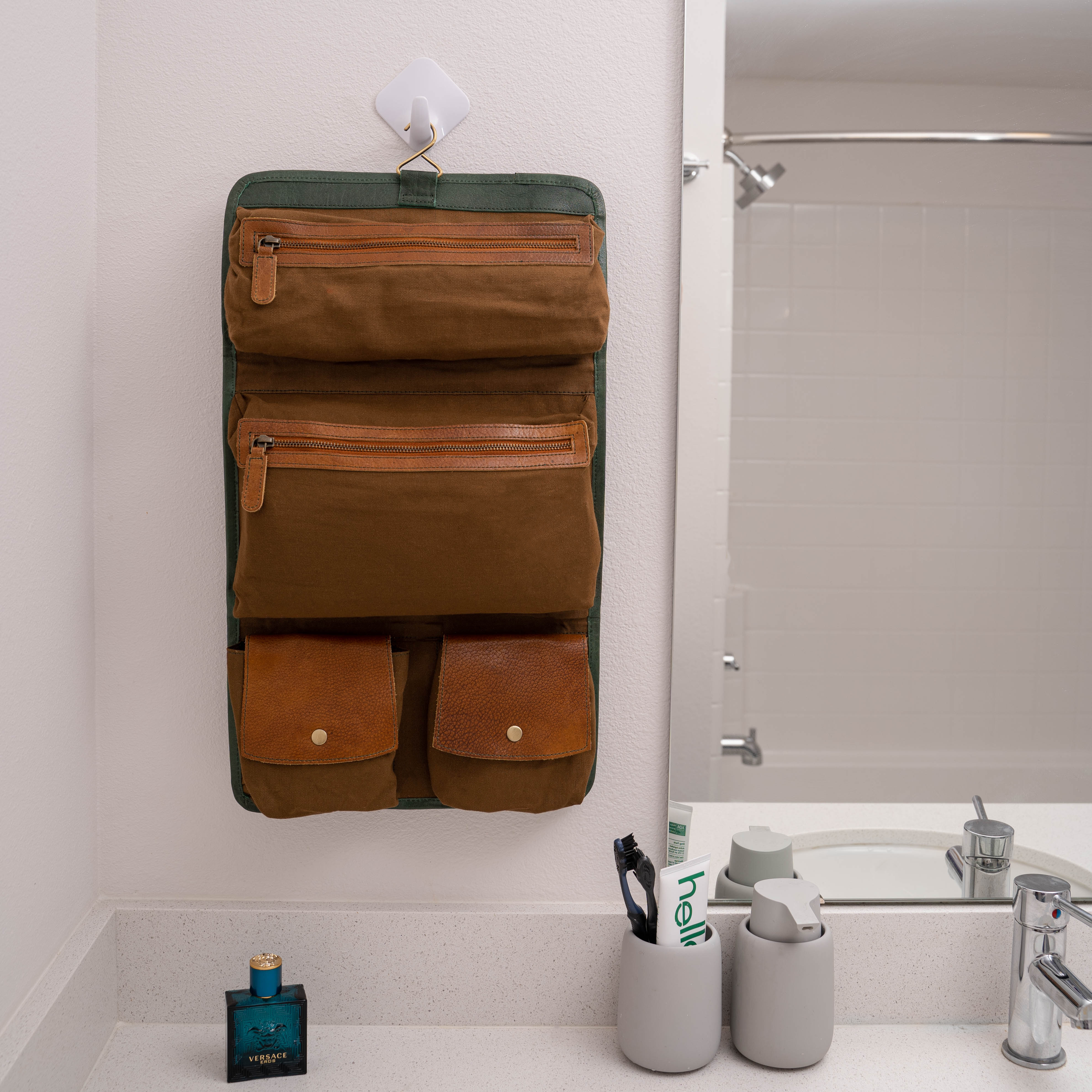 KomalC Genuine Buffalo Leather Hanging Toiletry Bag Travel Dopp Kit Green