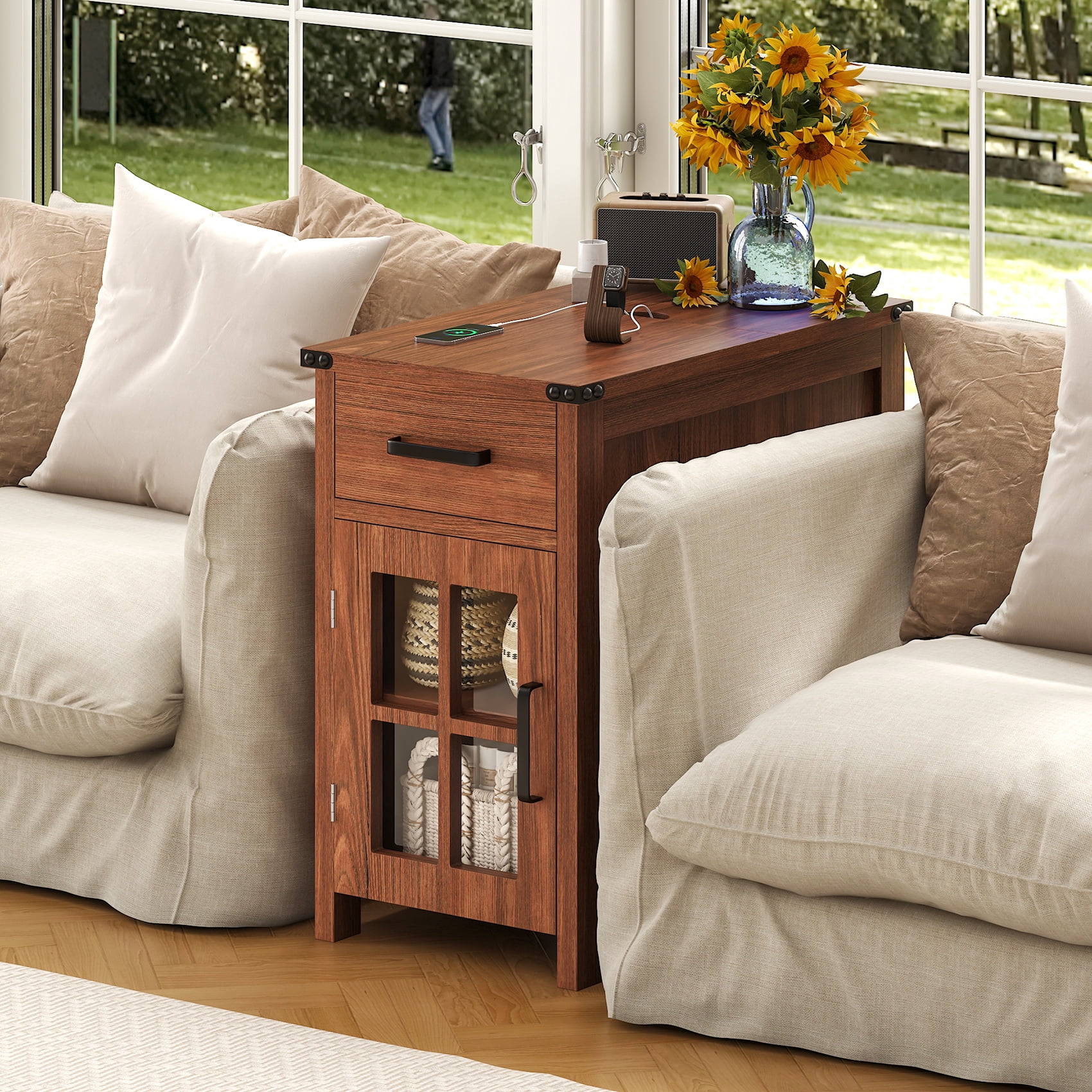Winkalon Farmhouse End Table with Charging Station, Sofa Side Table with Drawer and Storage Cabinet, Small Nightstand for for Living Room, Bedroom