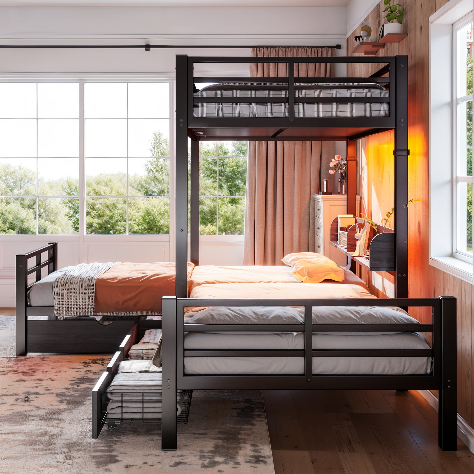 Mintazer L-Shaped Triple Twin Metal Loft Bunk Bed with LED Lights & Charging Station, 3-Sleeper Corner Bed Frame with Storage Shelves & 3 Drawers for Kids Teens Dorm Bedroom, Black