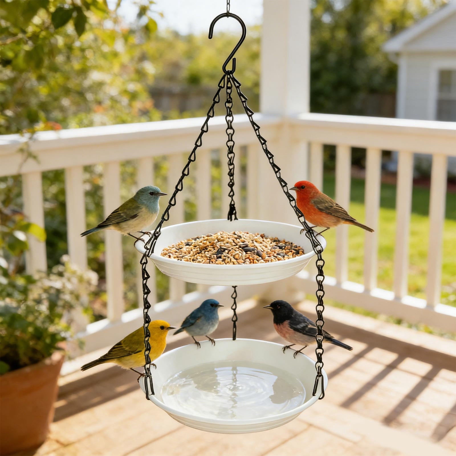 Double Layer Hanging Bird Feeder 2-in-1 Outdoor Tray for Water and Wild Bird Seed, Compact White Plastic Feeding Dish with Chain, Easy to Clean for Garden Patio