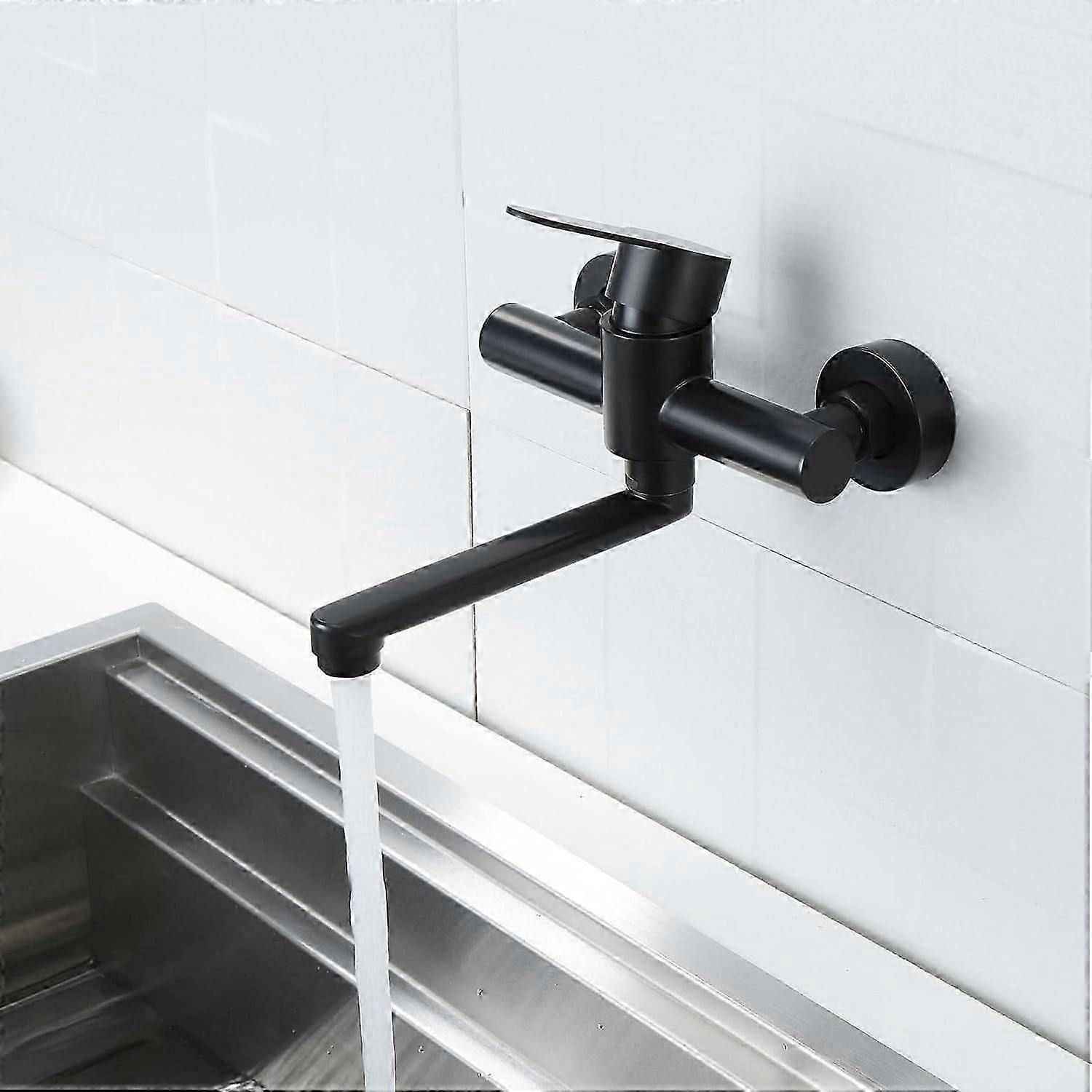 Wall Mounted Kitchen Faucet 304 Stainless Steel Sink Mixer Tap 360 Rotatable Sink Faucet with Black Spout