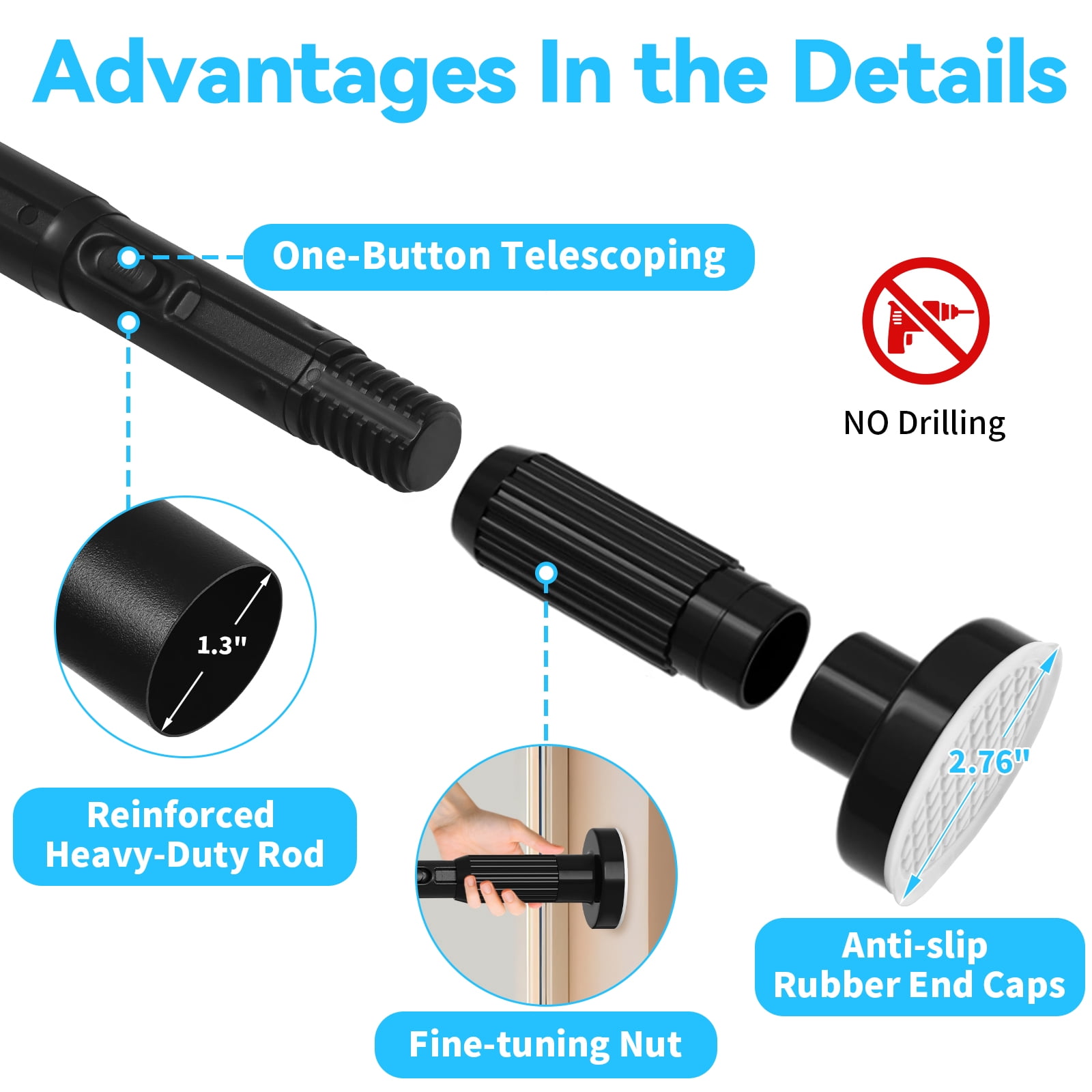 Ktinnead One-Push Tension Curtain Rod,94-122 in Extra Long Curtain Rods No Drill Adjustable Spring Shower Curtain Rod,Rustproof Steel for Window Patio Outdoor Bathroom,Matte Black