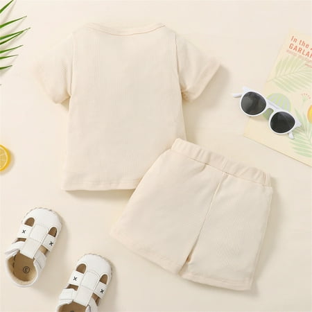 

nsendm Toddler Baby Boy Girl Clothes Summer Knit Short Sleeve Buttons T Shirt Elastic Waist Shorts Set Outfits Teen Active Wear Childrenscostume Beige 6-9 Months