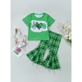 thumbnail image 2 of Gzhioc 2 Pcs Toddler Casual Printed Outfits, Girls Short Sleeve Round Neck T-shirt + Plaid Flared Pant, 2 of 9