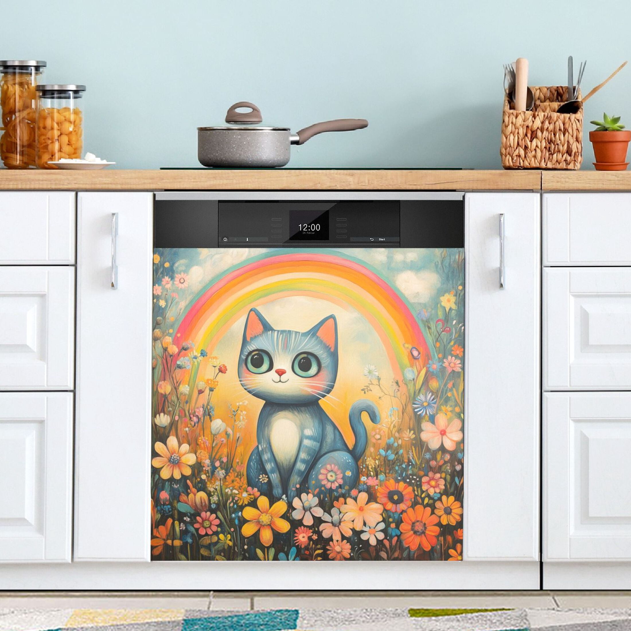 Dishwasher Magnetic Sticker 23x26 Inch Refrigerator Magnetic Sticker Washing Machine Magnetic Sticker Kitchen Panel Magnetic Sticker Home Decor Big-eyed Rainbow Cat