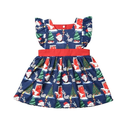 

Luiryare Baby Girl Christmas Dress Santa Elk Snowflake Print Flying Sleeve Dress
