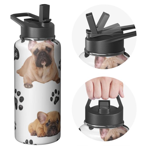 32 oz Wide Mouth Stainless Steel Sports Bottle Dog Design Handle Lid Insulated Leak Proof Cold 24H