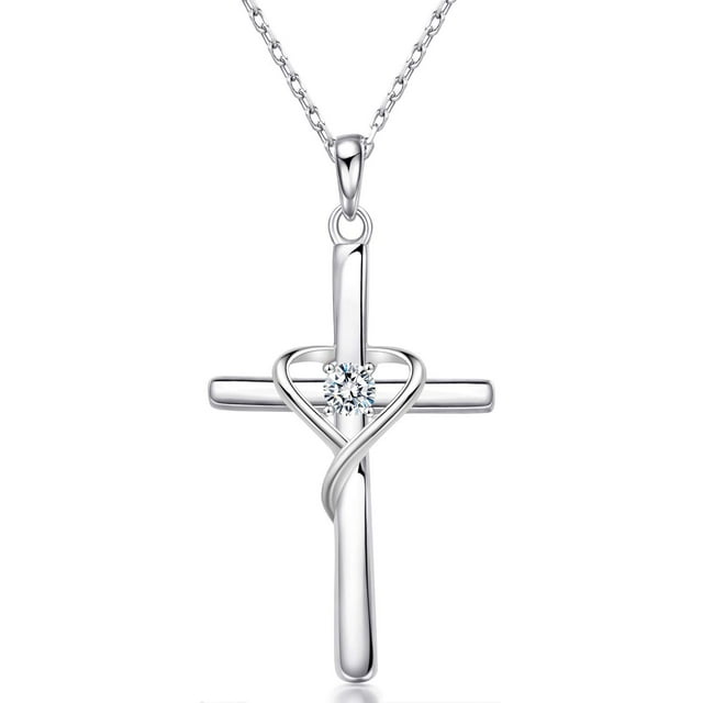 Collar AmorAime con forma de cruz de plata de ley 925 con piedra de nacimiento de 5A CZ