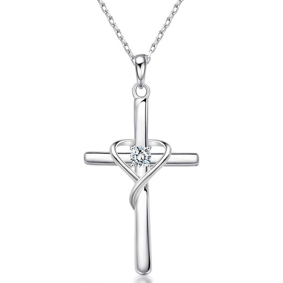 Collar AmorAime con forma de cruz de plata de ley 925 con piedra de nacimiento de 5A CZ