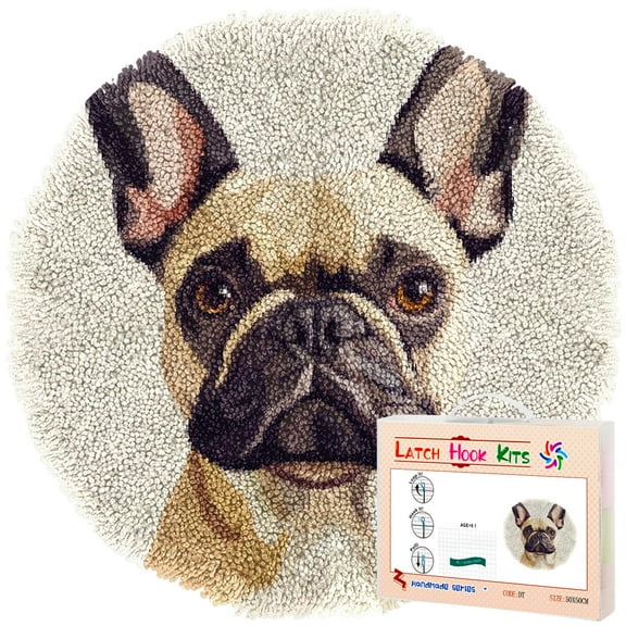 Latch Hook Rug Kit French Bulldog Stamped Handmade Round Shape Carpet Crochet Yarn Craft DIY Hook and Latch Door Mat Tapestry for Christmas Home Floor Decor 50x50cm(4)