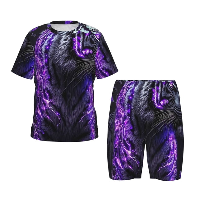 Balery Purple Plant White Tiger Conjunto de Pijama Infantil de Manga Corta con Estampado – Ropa de Dormir de Algodón Suave-4X-Large