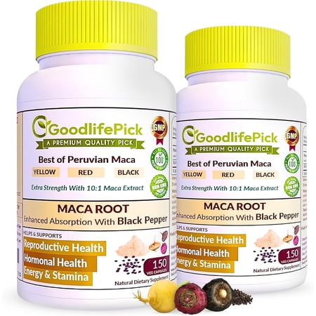GoodlifePick Maca Root Capsules 150 Count with Black Pepper for Energy, Stamina & Vitality