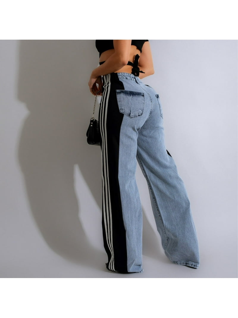 Two-Tone High-Waisted Wide-Leg Jeans with Striped Side