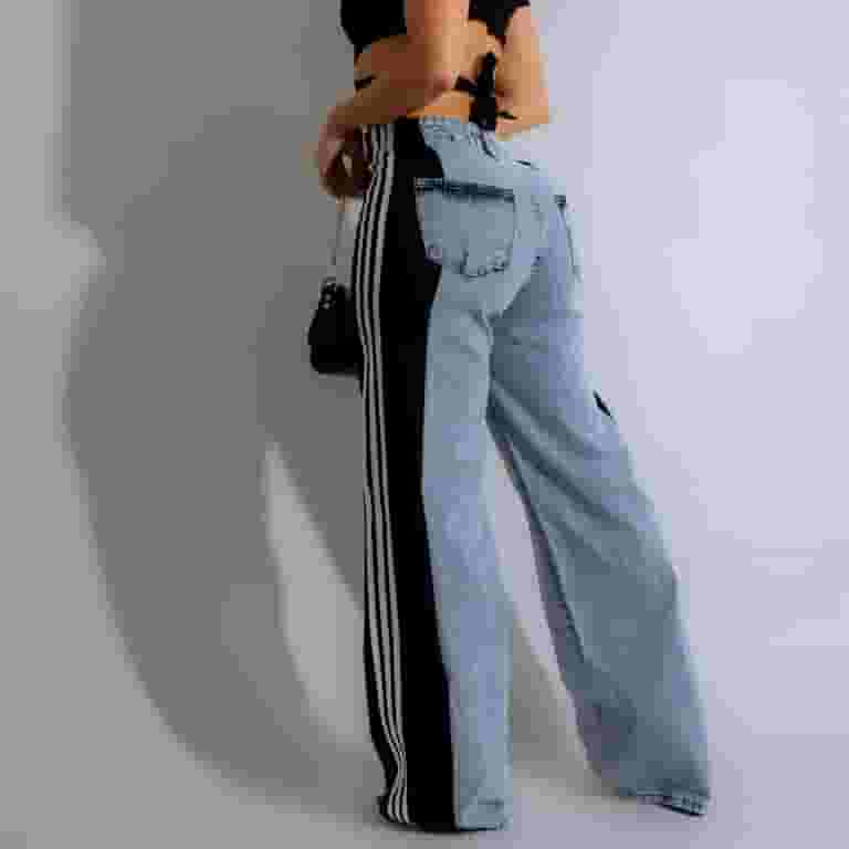 ★24-25FW★BINARY01★Tever striped wide denim pants Two-Tone High-Waisted Wide-Leg Jeans with Striped Side