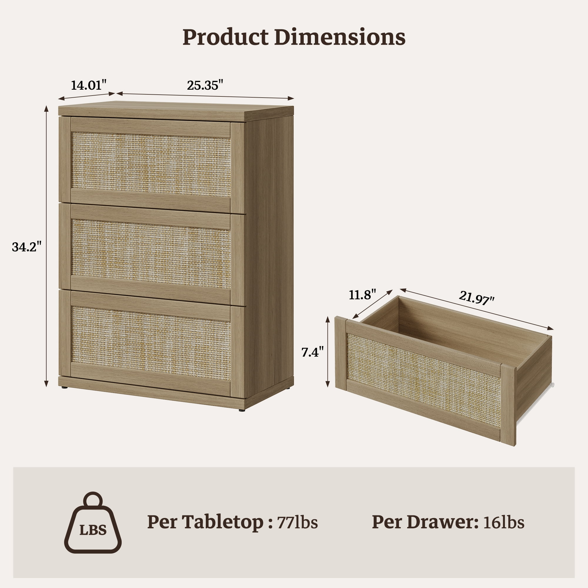 SICOTAS 34.2" Tall 3-Drawer Dresser Nightstand, Small Boho Rattan Chest of Drawers with Slide Rails, Wood Dresser Organizer, Modular Storage Cabinet for Bedroom & Living Room, Natural Oak