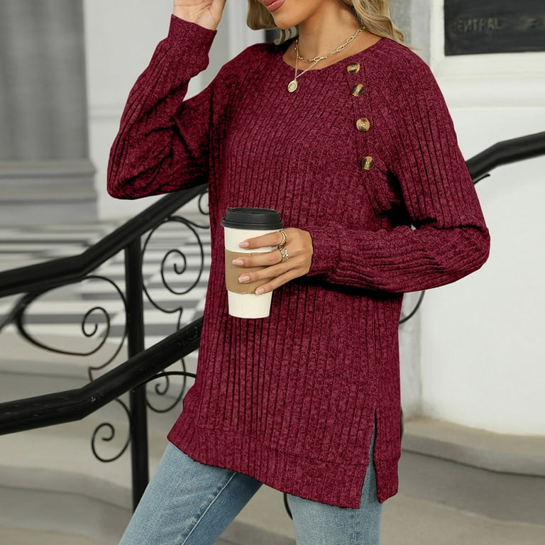 Loose Tunic Womens Red Tunic Sweater Miqiqism Women's Side Slit