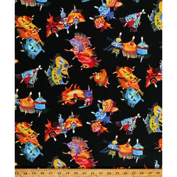 Cotton Shawl Dancers People Dancing Tribal Southwestern Black Cotton Fabric Print by the Yard (32001BLACK)