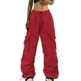 thumbnail image 2 of Red Sweatpants Women Elastic High Waist Cargo Pants Multiple Pockets Jogger Y2K Pant Fashion Clothing, 2 of 6