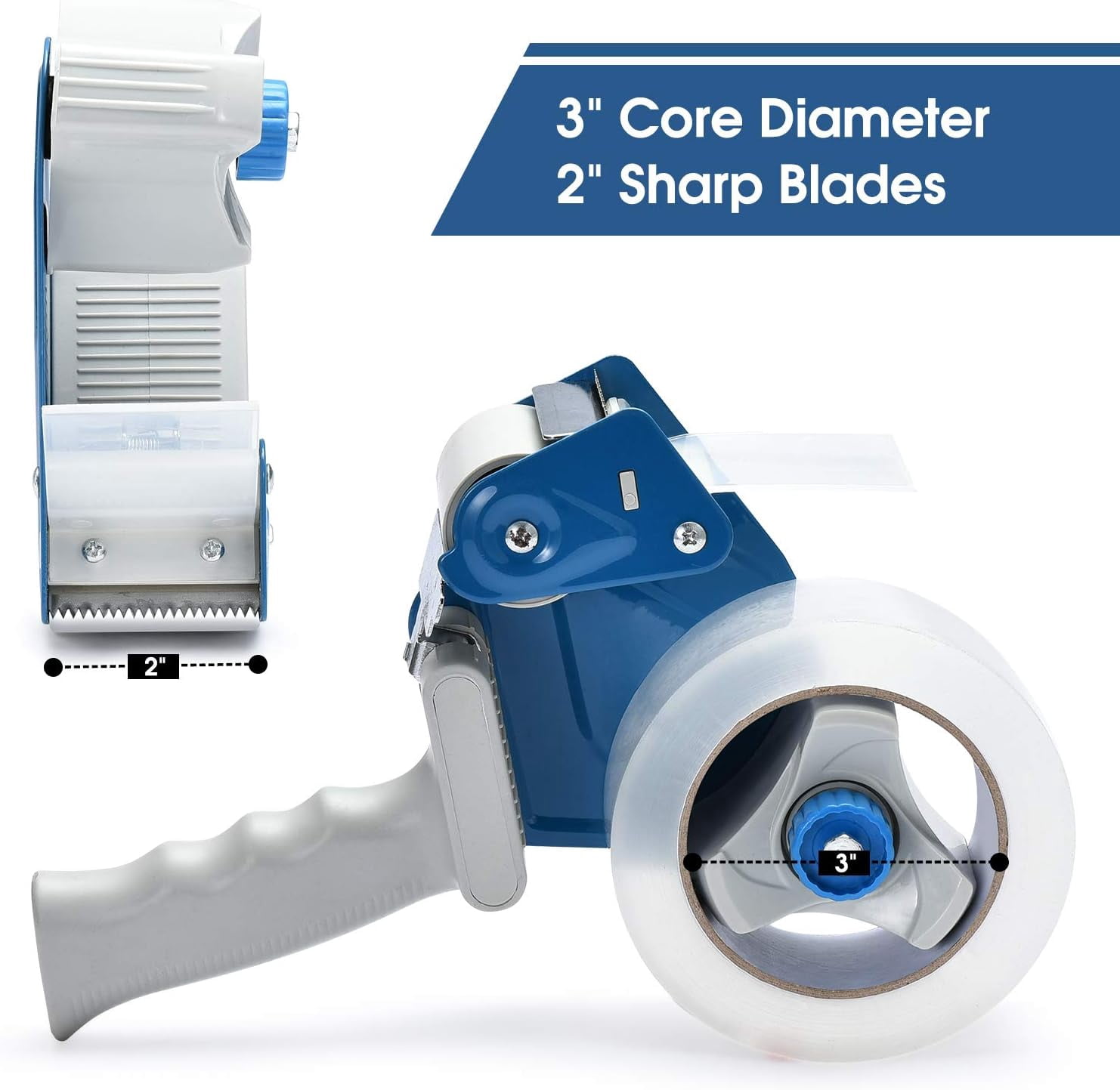 2 Inch Tape Gun Dispenser with 2 Inch Carton Packing Tape, Lightweight Industrial Side Loading Tape Dispenser - Blue