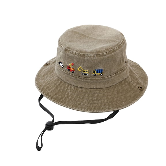 Krdevn Kids Washed Cotton Bucket Hat Construction Vehicle Embroidery UPF50 Adjustable Chin Strap Wide Brim Boys Outdoor Sun Fisherman Cap Size:2-8 Years