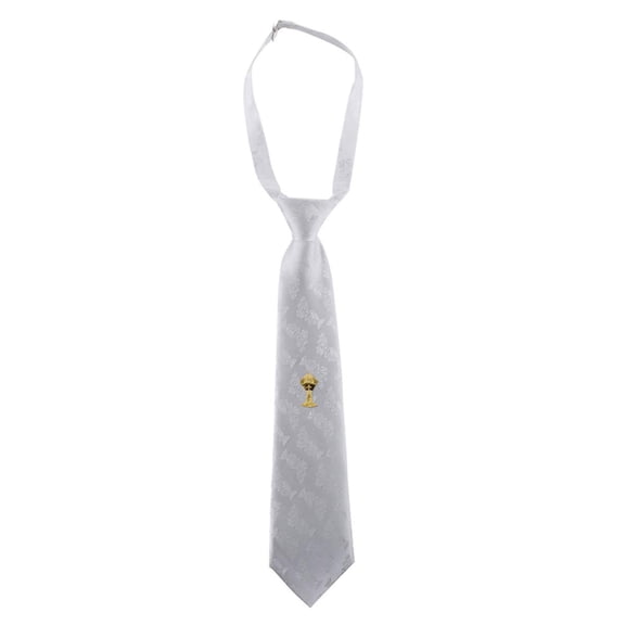 First Communion White Satin Brocade Tie with Chalice Design, 14 Inch