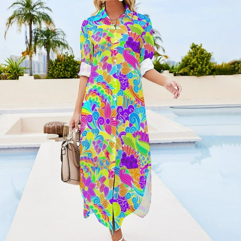 Retro Bright Flowers Casual Dress Hippie Design Stylish Dresses Long Sleeve  Trendy Womens V Neck Print Big Size Chiffon Dress - Walmart.com