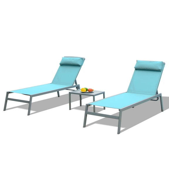 CoSoTower Patio Chaise Lounge Set, 3 Pieces Aluminum Adjustable Pool Lounge Chairs Textilene Sunbathing Recliner with Headrest (Lake Blue,2 Lounge Chairs  1 Table)