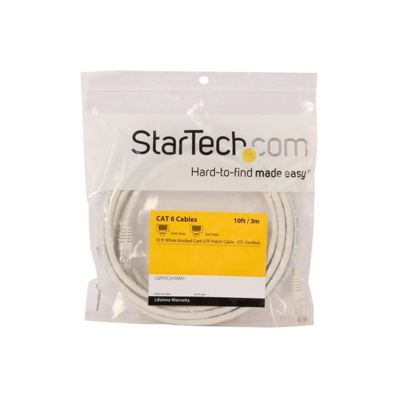 StarTech 10ft CAT6 Ethernet Cable - White CAT 6 Gigabit Ethernet Wire -250Mhz 100W PoE RJ45 UTP Molded Network Patch Cord with Strain Relief (C6PATCH10WH)