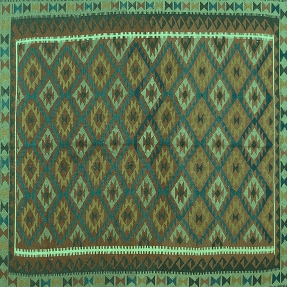 Ahgly Company Machine Washable Indoor Square Oriental Turquoise Blue Traditional Area Rugs, 3' Square