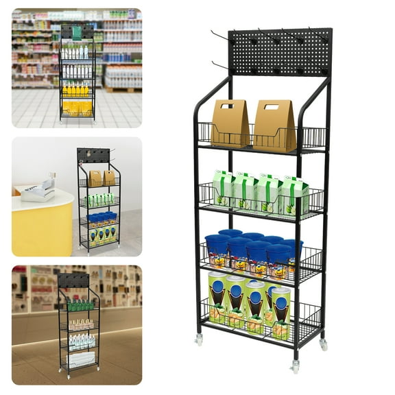 Peakora 4 Tier Retail Snack Display Rack, Stand Storage Shelf with 4 Universal Wheels and 10 Hooks, Fruit Vegetable Snack Storage&display Shelf 19.7*10.6*55.1in