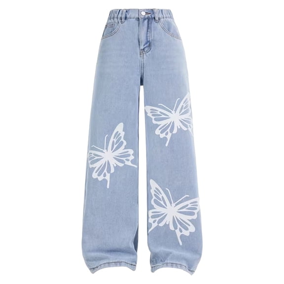 Cute Jeans for School Girls Girls Baggy Jeans Butterfly Embroidered Y2K Streetwear Casual Denim Pants Straight Wide Leg Fashion Trendy Trousers