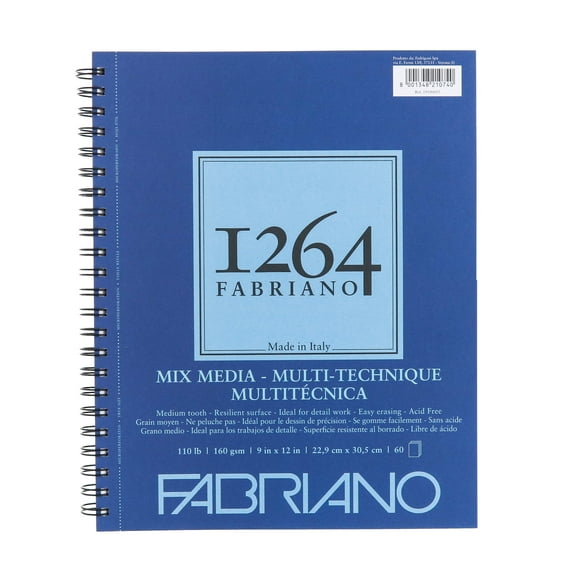 Fabriano 1264 Mixed Media Pad, 9”x12”, 110 lb, 60 Sheets, 100% Alpha-Cellulose, Dry & Wet Mediums