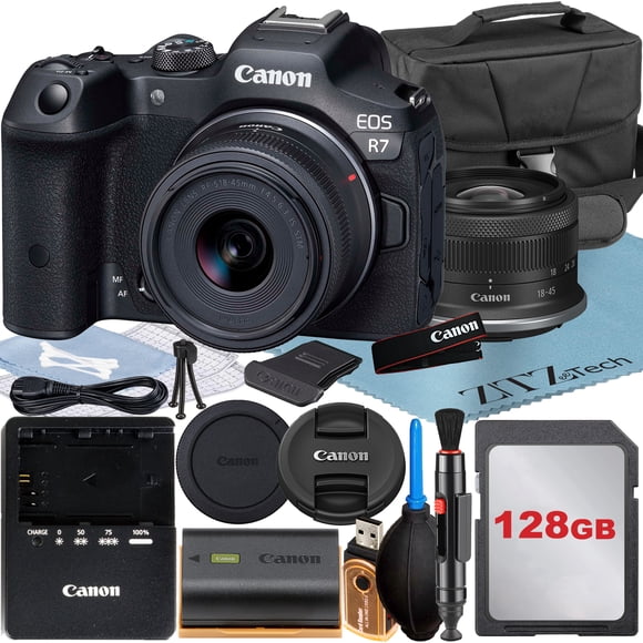 Canon EOS R7 Appareil Photo Sans Miroir avec Objectif RF-S 18-45mm + Carte Mémoire SanDisk 128 Go + Étui + Ensemble d'Accessoires ZeeTech