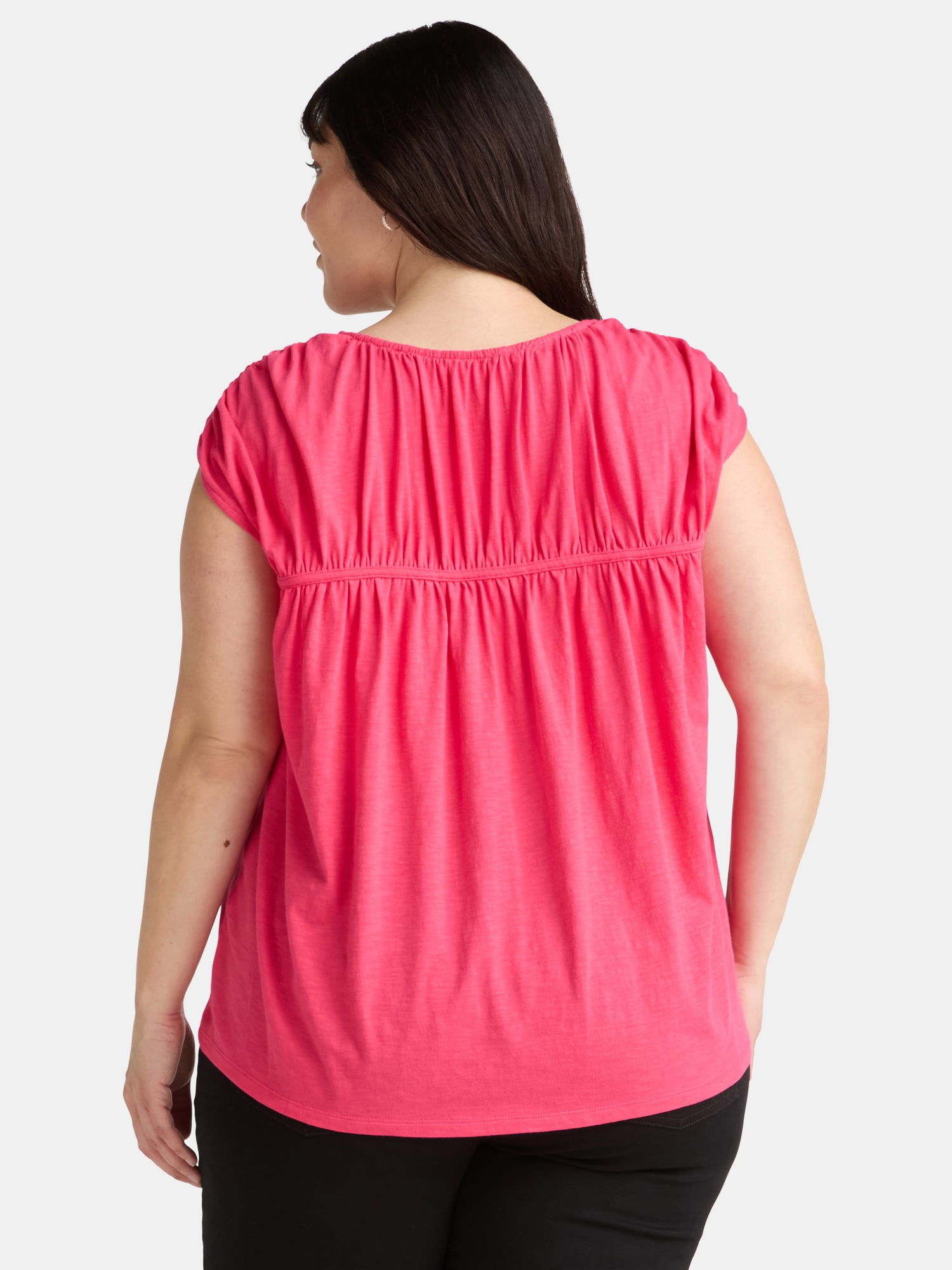 Terra & Sky Women's Plus Size Shirred Tie Top