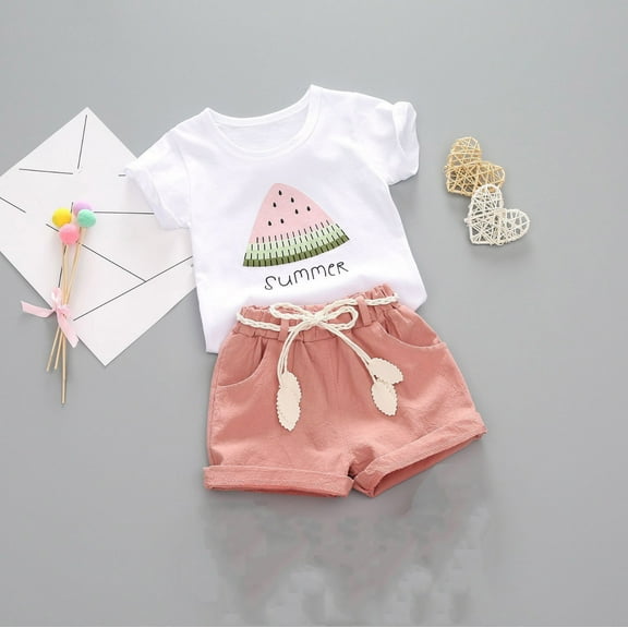 Nrmvnmi Summer Saving 2024 Girls Summer Watermelon Outfits Short Sleeve T-Shirt and Elastic Drawstring Waist Shorts Set with Side Pockets 2PC Sets For Girls Gifts