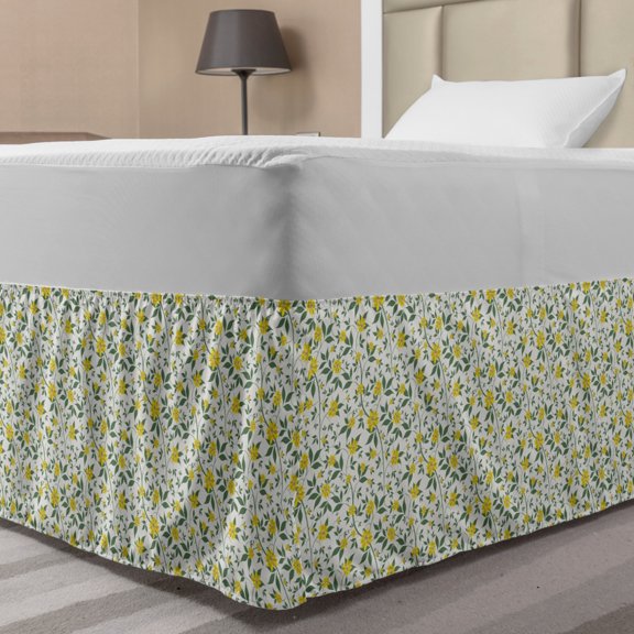 Flower Bed Skirt, Flourishing Country Flowers Pattern with Wild Daisy Stalks Summer Flora, Elastic Bedskirt Dust Ruffle Wrap Around for Bedding Decor, 4 Sizes, Green Yellow and Cream, by Ambesonne