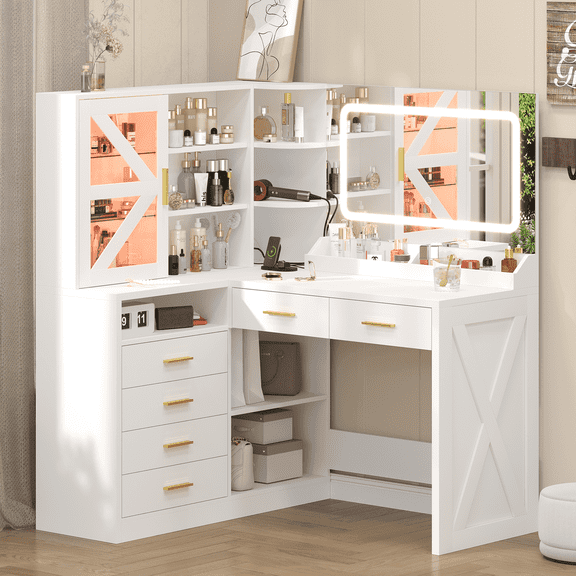 L-Shaped Corner Vanity Desk with LED Lighted Mirror & Charging Station, White Makeup Vanity with 6 Drawers & Sliding RGB Cabinet, Large Farmhouse Dressing Table with Open Storage Shelves